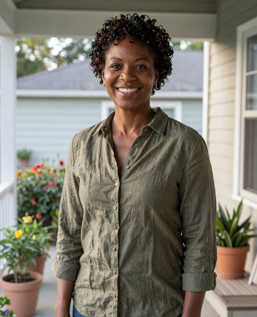 Confident African American woman on a porch representing genuine mature dating testimonials