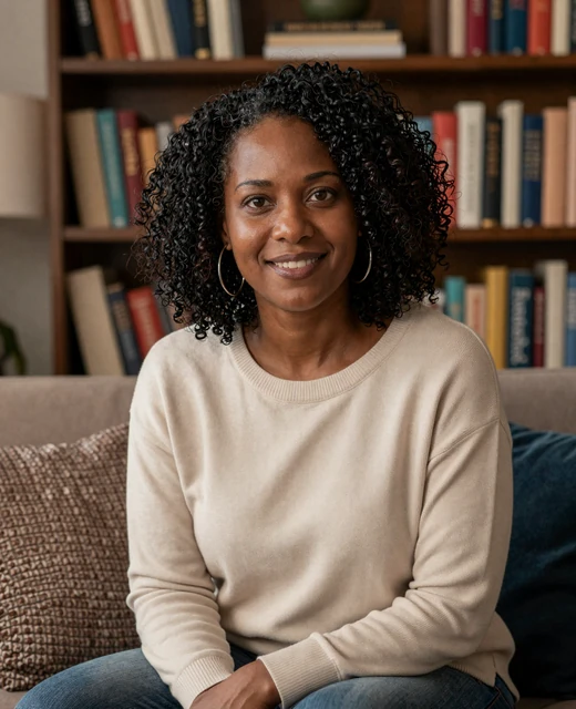 Friendly woman in a cozy living room previewing the kind of authentic profiles found on a mature dating site