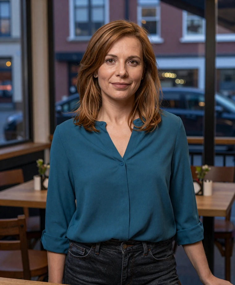 Warm everyday portrait of a confident woman near a city cafe, representing trusted online dating for serious relationships