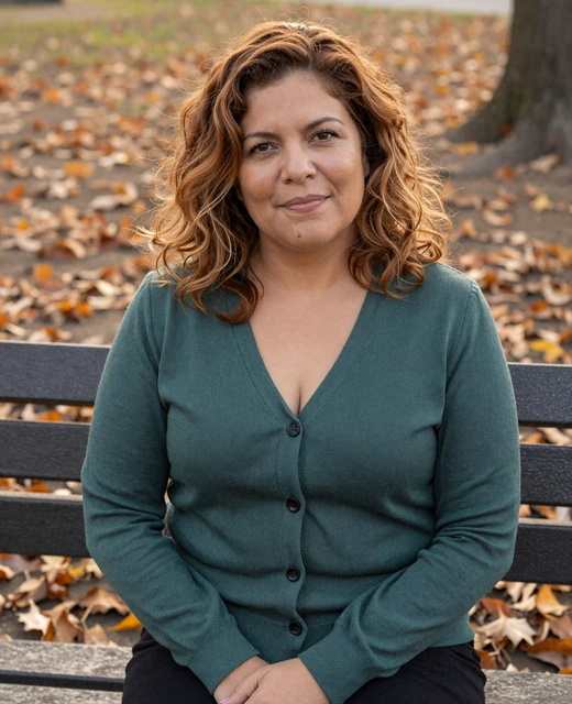 Mature Latina woman on a park bench representing serious relationship success for men over 50