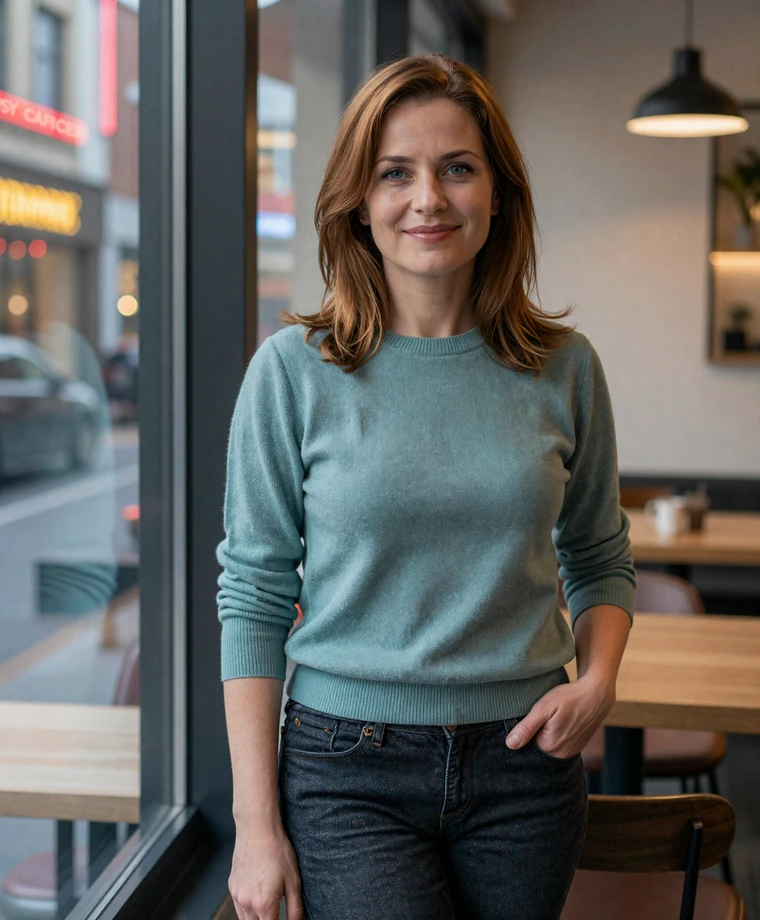 Confident woman in a modern cafe representing how online dating works for older adults seeking a serious relationship