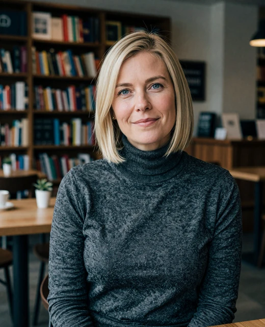 Calm woman reading at a bookstore cafe representing trustworthy dating success stories for older adults