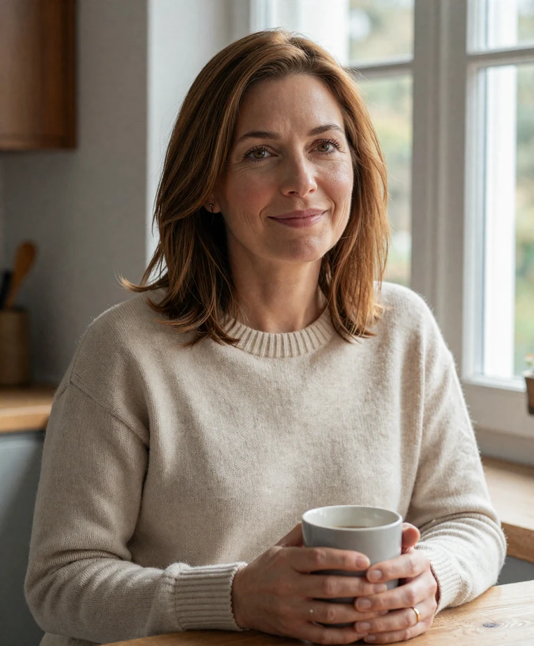Mature American woman smiling by a kitchen window symbolizing serious relationship success after 45